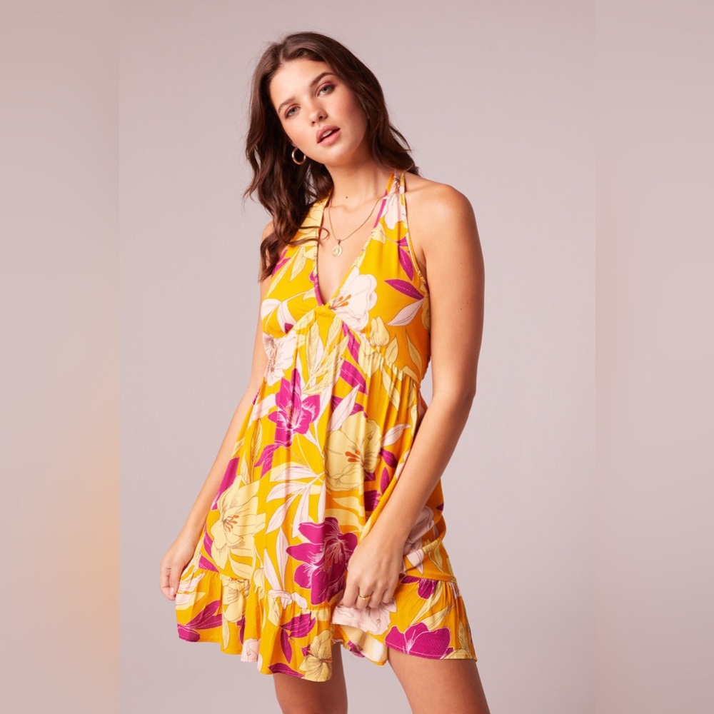 Band Of Gypsies Heartlight Gold Floral Halter Mini Dress NWT
